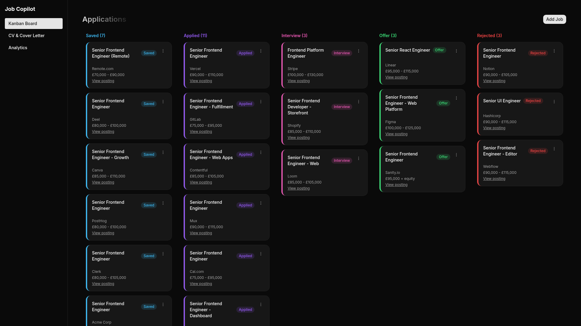 AI Job Search Copilot dashboard showing the Kanban board with job applications organized by stage
